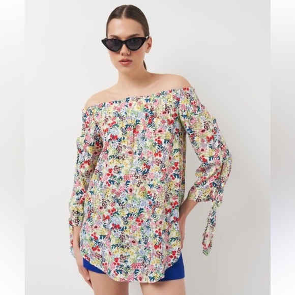 H&M Tops - H&M MULTICOLOR FLORAL OFF THE SHOULDER CASUAL RELAXED STYLE TUNIC BLOUSE SIZE 14